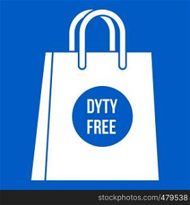 Duty free shopping bag icon white isolated on blue background vector illustration. Duty free shopping bag icon white