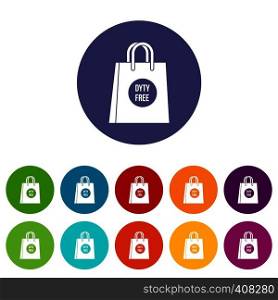 Duty free shopping bag set icons in different colors isolated on white background. Duty free shopping bag set icons