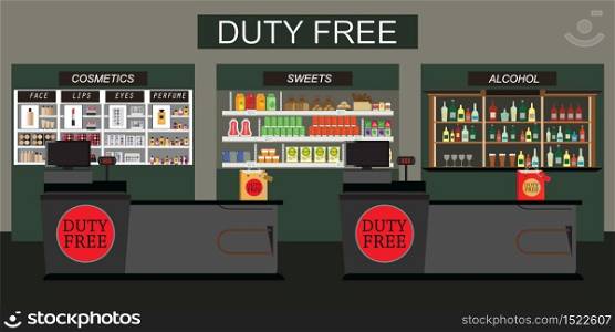 Duty free store with counter cashier, shelf of alcohol, sweets and food forTax free,Vector flat illustration.