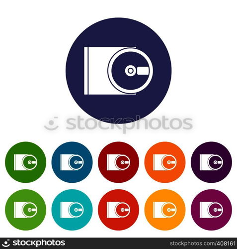 DVD drive open set icons in different colors isolated on white background. DVD drive open set icons