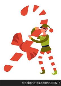 Dwarf or elf helper carrying big candy with stripe, xmas sweets and presents for winter holidays. Christmas and new year greeting, fantasy creature in traditional costume. Vector in flat style. Elf in costume carrying large striped candy stick