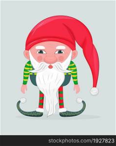Dwarf vector illustraation. Christmas, Santa&rsquo;s fairy helper illustration. Gnome with beard in cartoon style. Leprechaun character in red hat.. Dwarf vector illustraation. Christmas, Santa&rsquo;s fairy helper illustration.