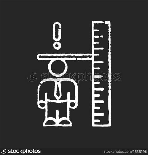 Dwarfism chalk white icon on black background. Chronic condition. Person with short height. Inclusive workplace for handicapped person. Worker with disorder. Isolated vector chalkboard illustration. Dwarfism chalk white icon on black background