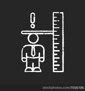 Dwarfism chalk white icon on black background. Chronic condition. Person with short height. Inclusive workplace for handicapped person. Worker with disorder. Isolated vector chalkboard illustration. Dwarfism chalk white icon on black background