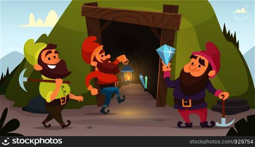 Dwarves in the mine. Vector characters of dwarves which mine golden rocks. Illustration of dwarf miner, gnome with pick. Dwarves in the mine. Vector characters of dwarves which mine golden rocks
