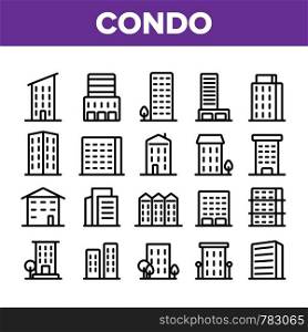 Dwelling House, Condo Linear Vector Icons Set. Condo, Apartment Buildings Thin Line Contour Symbols Pack. Residential Area, Metropolis Pictograms Collection. Urban Architecture Outline Illustrations. Dwelling House, Condo Linear Vector Icons Set