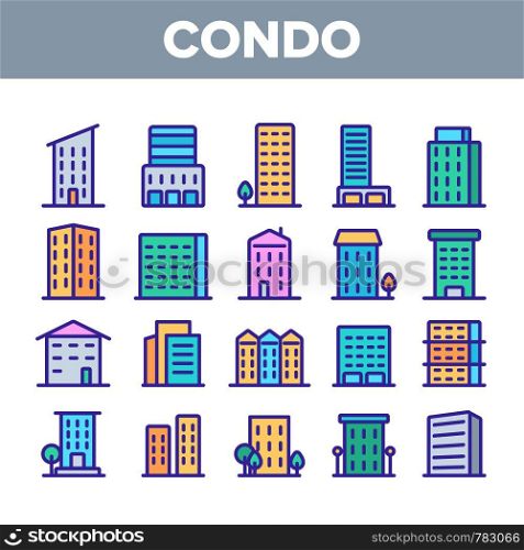 Dwelling House, Condo Linear Vector Icons Set. Condo, Apartment Buildings Thin Line Contour Symbols Pack. Residential Area, Metropolis Pictograms Collection. Urban Architecture Outline Illustrations. Dwelling House, Condo Linear Vector Icons Set