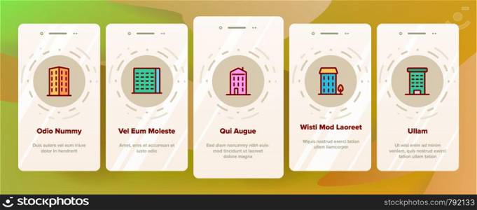 Dwelling House, Condo Onboarding Mobile App Page Screen Vector. Condo, Apartment Buildings. Residential Area, Metropolis Pictograms Collection. Urban Architecture Illustrations. Dwelling House, Condo Vector Onboarding Mobile App Page Screen