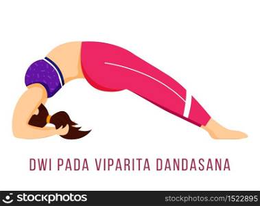 Dwi Pada Viparita Dandasana flat vector illustration. Dropping back to Bench. Caucausian woman performing yoga posture in pink and purple sportswear. Isolated cartoon character on white background
