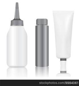 Dye Hair color paint tube bottle package mockup. Isolated hair product silver packaging. Woman makeup products container. Hair paint bottle illustration kit for your logo isolated on white background. Dye Hair color paint tube bottle package mockup