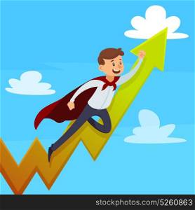 Dynamic Career Illustration. Dynamic career design concept with superman in cloak near growing arrow on blue sky background vector illustration