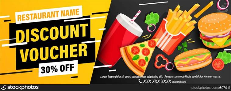 Dynamic discount voucher with 30 percent price off for restaurans and cafes. Fast food coupon or certificate with pizza, hot dog, fries, coffee, burger and space for text.Flyer template.Vector. Dynamic discount voucher with 30 percent price off