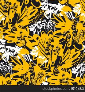 Dynamic fun and cool summer mood floral seamless pattern for background, fabric, textile, wrap, surface, web and print design. Black and yellow abstract flowers.