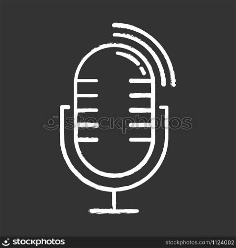 Dynamic microphone chalk icon. Mike recording sound idea. Portable voice recorder. Wireless musical mic, professional studio equipment, interview tool. Isolated vector chalkboard illustration