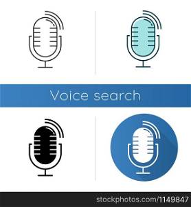 Dynamic microphone icons set. Mike recording sound idea. Portable voice recorder. Wireless musical mic, professional studio equipment. Linear, black and color styles. Isolated vector illustrations