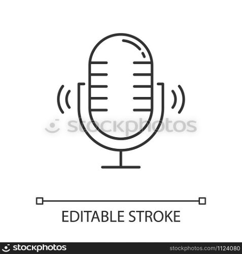 Dynamic microphone linear icon. Mike recording sound. Portable voice recorder. Wireless musical mic. Thin line illustration. Contour symbol. Vector isolated outline drawing. Editable stroke