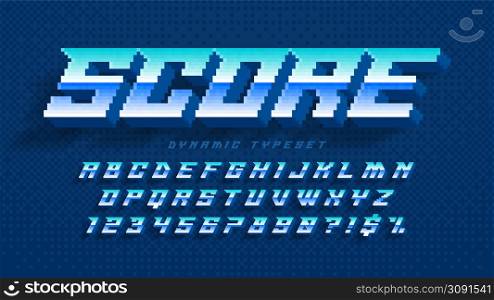 Dynamic pixel alphabet design, stylized like in 8-bit games. High contrast and sharp, retro-futuristic. Easy swatch color control. Resize effect.. Dynamic pixel alphabet design, stylized like in 8-bit games.