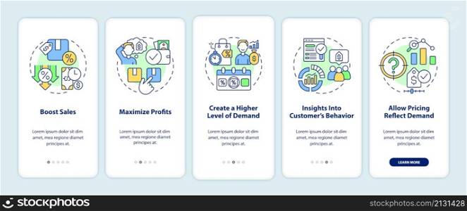 Dynamic pricing advantages onboarding mobile app screen. Boost sales walkthrough 5 steps graphic instructions pages with linear concepts. UI, UX, GUI template. Myriad Pro-Bold, Regular fonts used. Dynamic pricing advantages onboarding mobile app screen