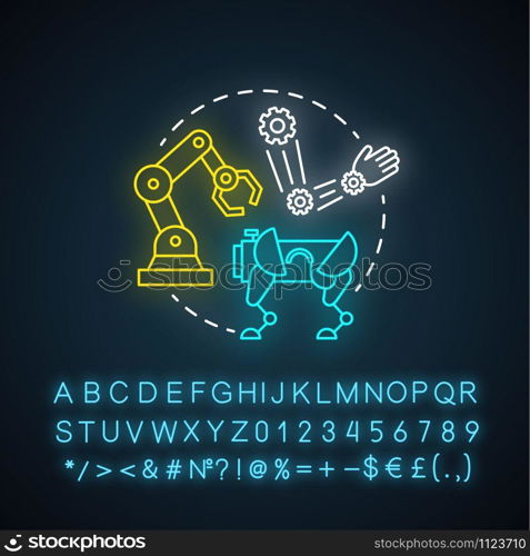 Dynamics and control neon light concept icon. Robotics motion system idea. Information technologies and innovative programming. Glowing sign with alphabet, numbers. Vector isolated illustration