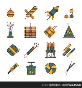 Dynamite, bomb, fireworks and other pyrotechnics tools. Vector linear illustration. Firecracker and pyrotechnic, petard and rocket vintage style. Dynamite, bomb, fireworks and other pyrotechnics tools. Vector linear illustration