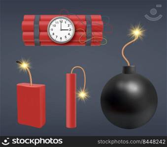 Dynamite. Bombs explosion 3d realistic red stick dynamite gunpowder firecracker decent vector templates. Illustration of danger bomb weapon and detonation. Dynamite. Bombs explosion 3d realistic red stick dynamite gunpowder firecracker decent vector templates