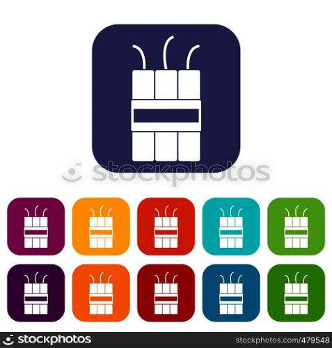 Dynamite explosives icons set vector illustration in flat style in colors red, blue, green, and other. Dynamite explosives icons set