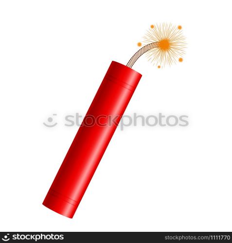 Dynamite sticks isolated on white background, red sticks with burning fuses and explosion timer. Realistic cartoon style vector illustration of explosive objects and danger icons.