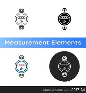 Dynamometer icon. Device for measuring mechanical force, torque and power. Heavy equipment testing. Engine output power. Linear black and RGB color styles. Isolated vector illustrations. Dynamometer icon