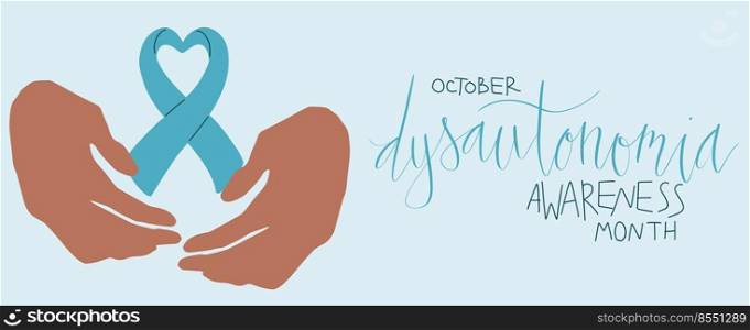 Dysautonomia Awareness Month October promotion banner template. Human hands holding support ribbon vector.. Dysautonomia Awareness Month October promotion banner template. Human hands holding support ribbon.