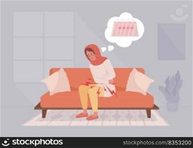 Dysmenorrhea symptom flat color vector illustration. Girl suffering from unbearable menstrual cr&s. Fully editable 2D simple cartoon character with cozy living room interior on background. Dysmenorrhea symptom flat color vector illustration