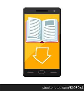 E-book concept. Smart phone and downloading book. E-book concept. Smart phone and downloading book.