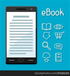 E-book concept. Smart phone with book. Digital library online reading. E-book concept. Smart phone with book. Digital library online reading.