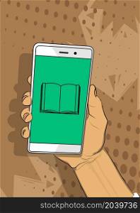 E-book icon on Smartphone screen. Cartoon vector illustrated mobile phone.
