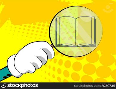 E-book icon under magnifying glass illustration on comic book background.