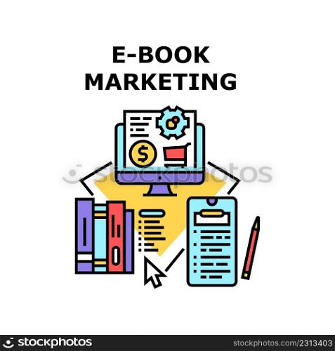 E-book Marketing Vector Icon Concept. Online Library Choosing And Buying In Internet Online And In Mobile Phone Application, E-book Marketing. Reading Digital Literature Color Illustration. E-book Marketing Vector Concept Color Illustration
