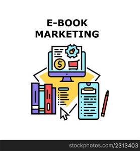 E-book Marketing Vector Icon Concept. Online Library Choosing And Buying In Internet Online And In Mobile Phone Application, E-book Marketing. Reading Digital Literature Color Illustration. E-book Marketing Vector Concept Color Illustration