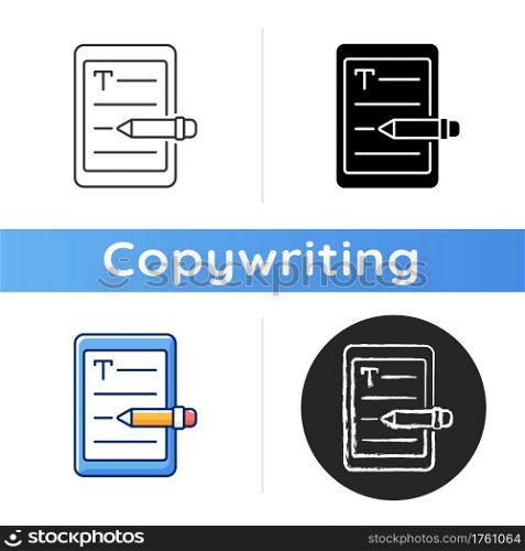 E book writing icon. Editor work. Copywriting services. Freelance, SEO work. Professional journalist. Writing literature. Linear black and RGB color styles. Isolated vector illustrations. E book writing icon