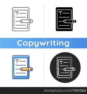 E book writing icon. Editor work. Copywriting services. Freelance, SEO work. Professional journalist. Writing literature. Linear black and RGB color styles. Isolated vector illustrations. E book writing icon