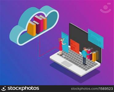 e-books in online library and cloud computing system images. Modern design concept of Online Education. 3d isometric vector illustration.