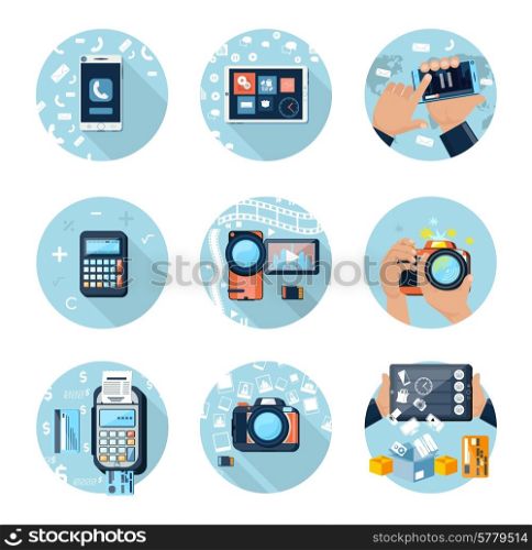 E-Business concept, computers, smartphone pc. Photo camera with pictures. Video camera. Calculator and cash mashines issues receipt of payment card