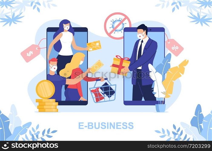 E-Business in Covid19 Pandemic Condition. and Keep Self-Isolation. People Shopping Online, Receive Gift, Sale Discount Offer, Volunteering and Donating Clothes on Mobile Screen. Remote Work, Stay Home. E-Business from Home in Covid19 Pandemic Condition