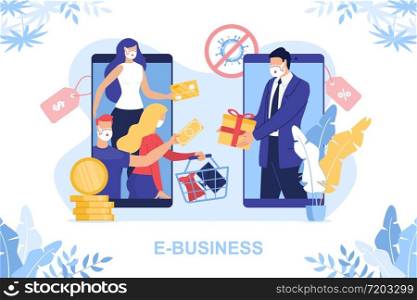 E-Business in Covid19 Pandemic Condition. and Keep Self-Isolation. People Shopping Online, Receive Gift, Sale Discount Offer, Volunteering and Donating Clothes on Mobile Screen. Remote Work, Stay Home. E-Business from Home in Covid19 Pandemic Condition