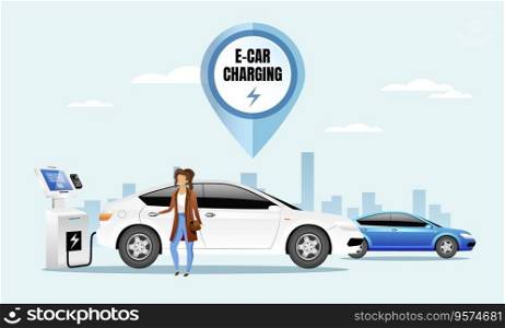 E car charging station flat color electric car vector image