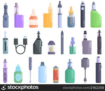 E-cigarette accessories icons set cartoon vector. Liquid cotton. Pincers vape. E-cigarette accessories icons set cartoon vector. Liquid cotton