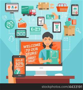E-commerce And Shopping Illustration . E-commerce with online shopping and home delivery symbols flat vector illustration