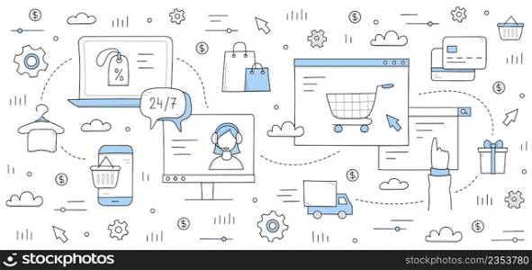 E-commerce background with doodle signs of web store sale, payment, delivery and customer support. Vector hand drawn illustration of internet retail service with basket, phone, bags, truck. E-commerce, web store hand drawn illustration