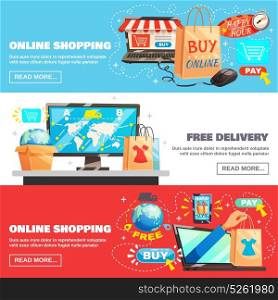 E-Commerce Banners Collection. Electronic commerce horizontal banners set with online shopping and delivery image compositions with read more button vector illustration