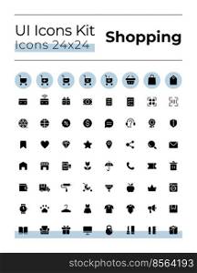 E commerce black glyph ui icons set. Retail shop. Purchasing. Silhouette symbols on white space. Solid pictograms for web, mobile. Isolated vector illustrations. Montserrat Bold, Light fonts used. E commerce black glyph ui icons set