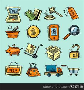 E-commerce colored icons sketch set of shopping cart delivery box sale label isolated vector illustration.