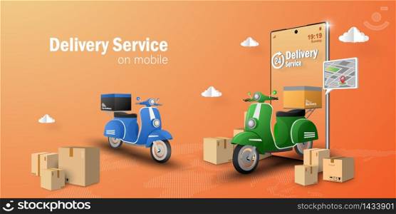 E-commerce concept, Delivery service on mobile application, Transportation or food delivery by scooter